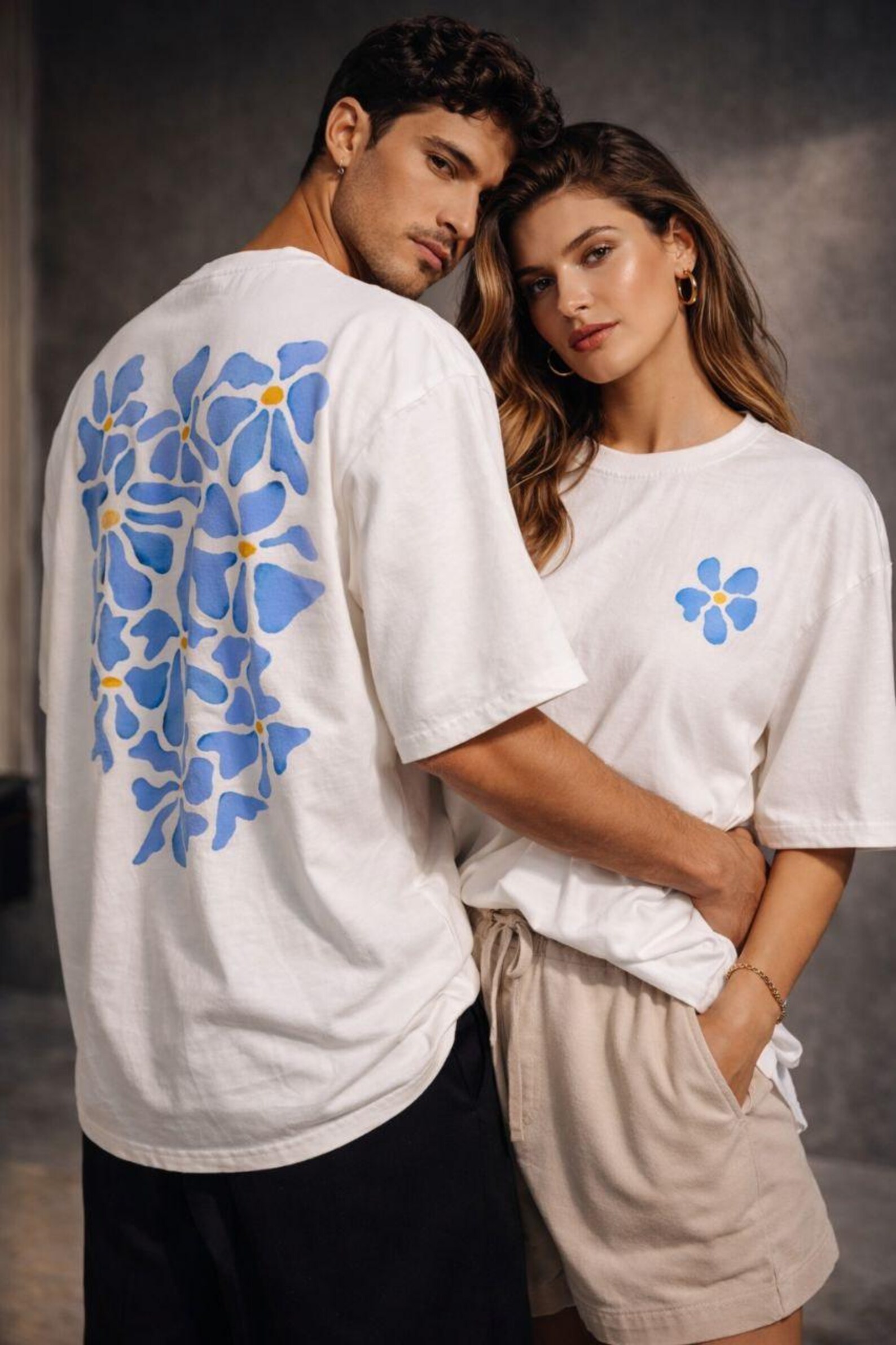 Hand-Painted Blue Floral Oversized T-Shirt | Unisex Back Print Art Tee | Handmade Cotton Streetwear | Minimal Front Flower Design